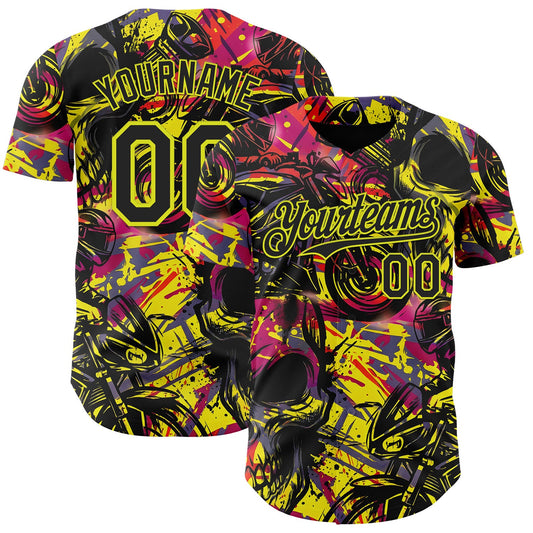 Custom Black Red-Neon Yellow 3D Pattern Design Motorcycle Motocross Authentic Baseball Jersey - Main View