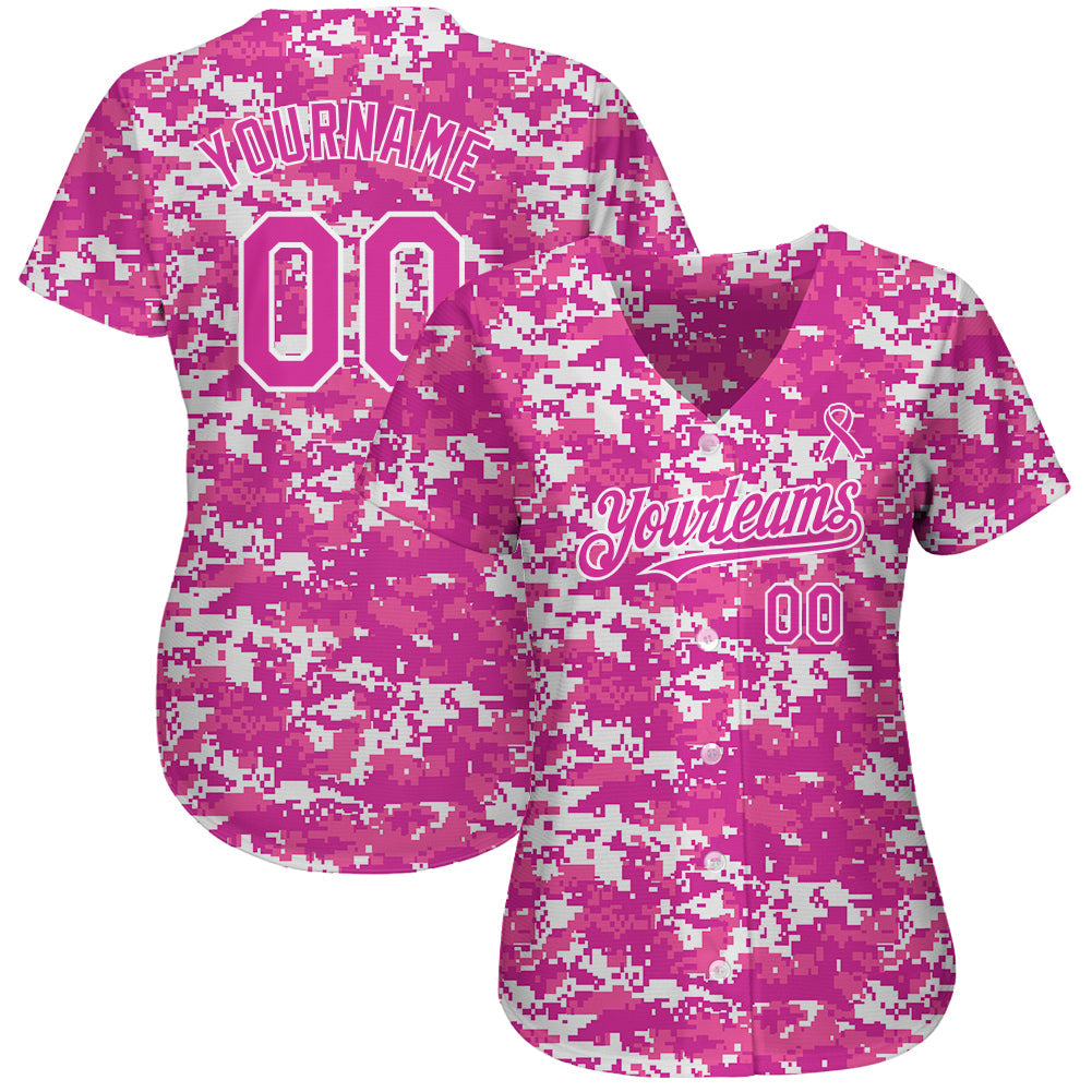 Custom Camo Deep Pink-Black 3D Pink Ribbon Breast Cancer Awareness Month Women Health Care Support Authentic Baseball Jersey view 2