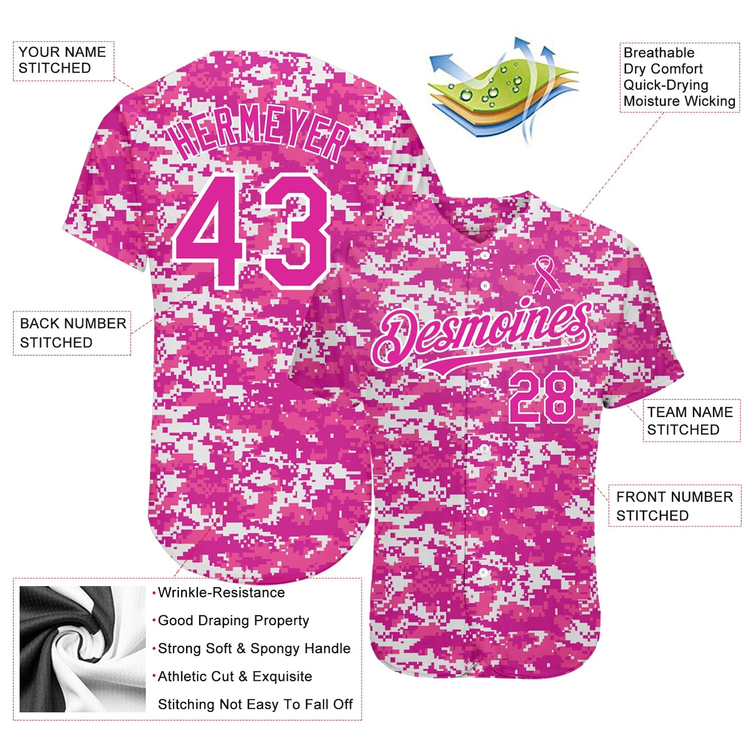 Custom Camo Deep Pink-Black 3D Pink Ribbon Breast Cancer Awareness Month Women Health Care Support Authentic Baseball Jersey view 3