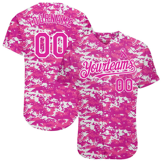 Custom Camo Deep Pink-Black 3D Pink Ribbon Breast Cancer Awareness Month Women Health Care Support Authentic Baseball Jersey - Main View