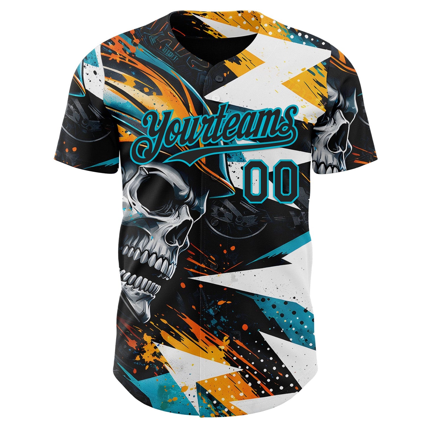 Custom Black Yellow-Lakes Blue 3D Pattern Design Motorcycle Motocross Skull Authentic Baseball Jersey view 2