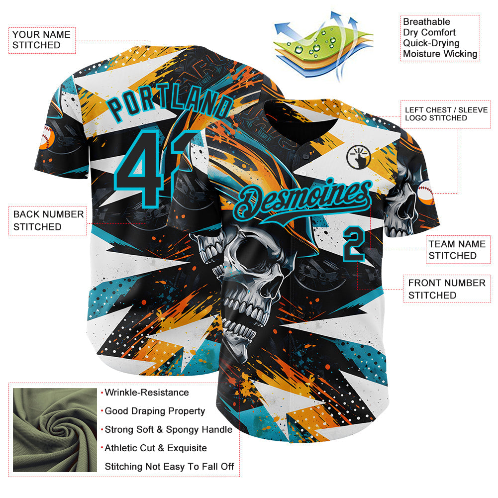 Custom Black Yellow-Lakes Blue 3D Pattern Design Motorcycle Motocross Skull Authentic Baseball Jersey view 3
