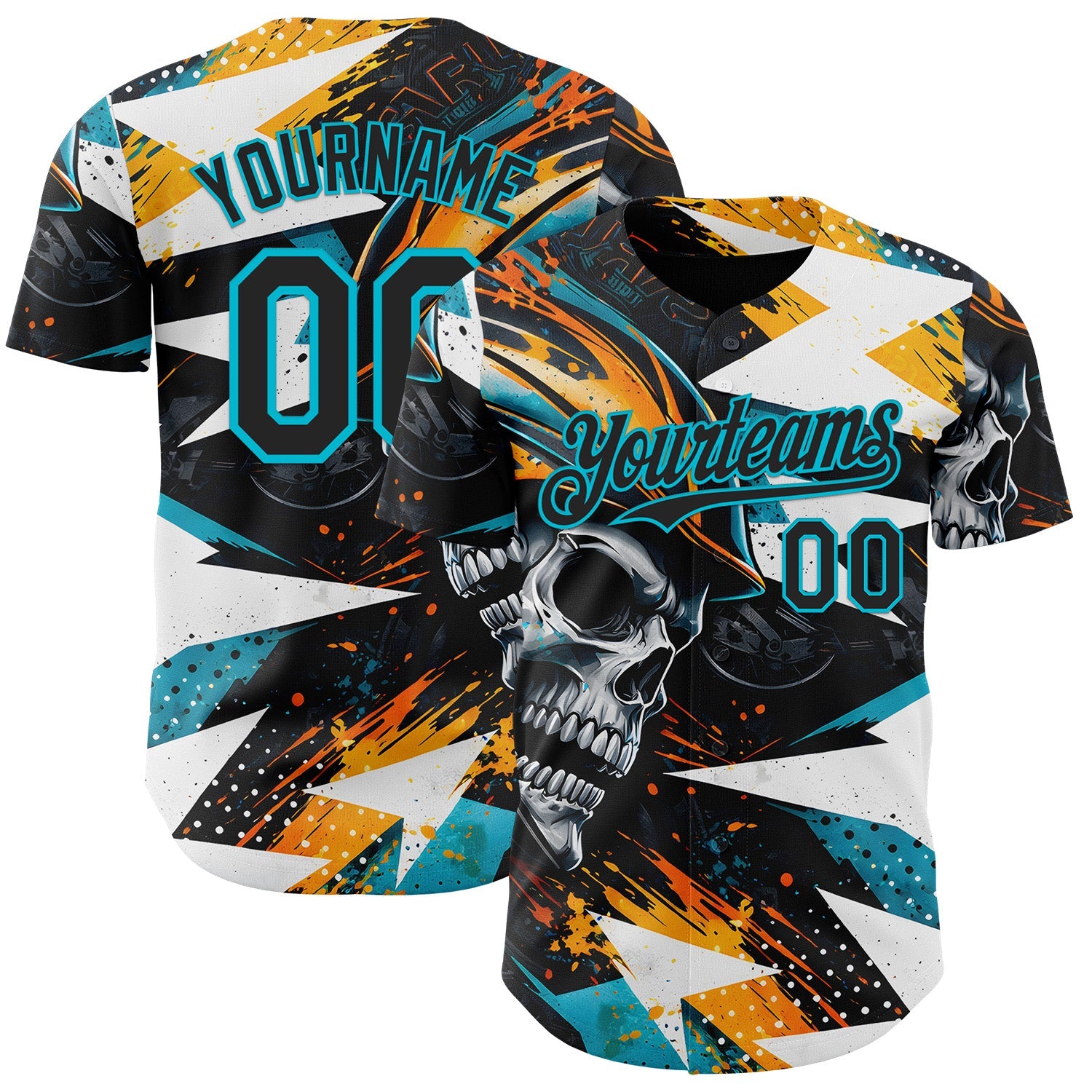 Custom Black Yellow-Lakes Blue 3D Pattern Design Motorcycle Motocross Skull Authentic Baseball Jersey - Main View