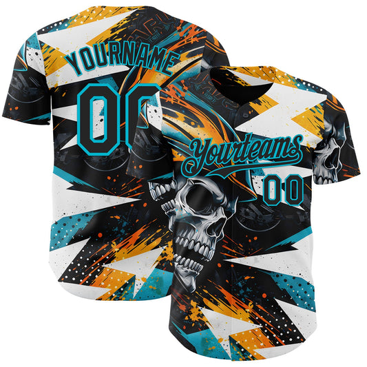 Custom Black Yellow-Lakes Blue 3D Pattern Design Motorcycle Motocross Skull Authentic Baseball Jersey - Main View