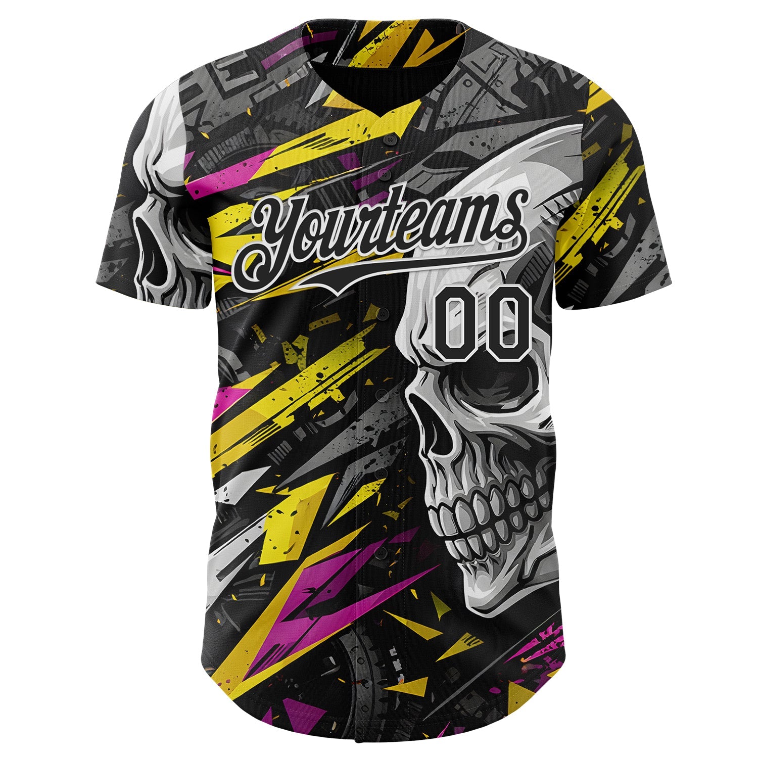 Custom Black Yellow Deep Pink-White 3D Pattern Design Motorcycle Motocross Skull Authentic Baseball Jersey view 2