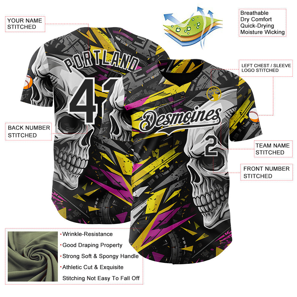 Custom Black Yellow Deep Pink-White 3D Pattern Design Motorcycle Motocross Skull Authentic Baseball Jersey view 3