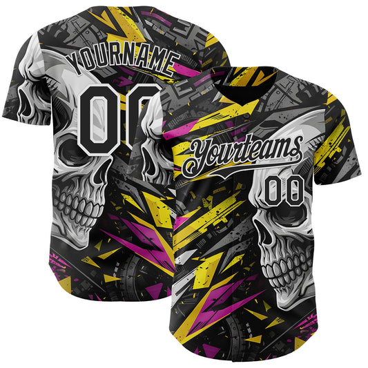 Custom Black Yellow Deep Pink-White 3D Pattern Design Motorcycle Motocross Skull Authentic Baseball Jersey - Main View