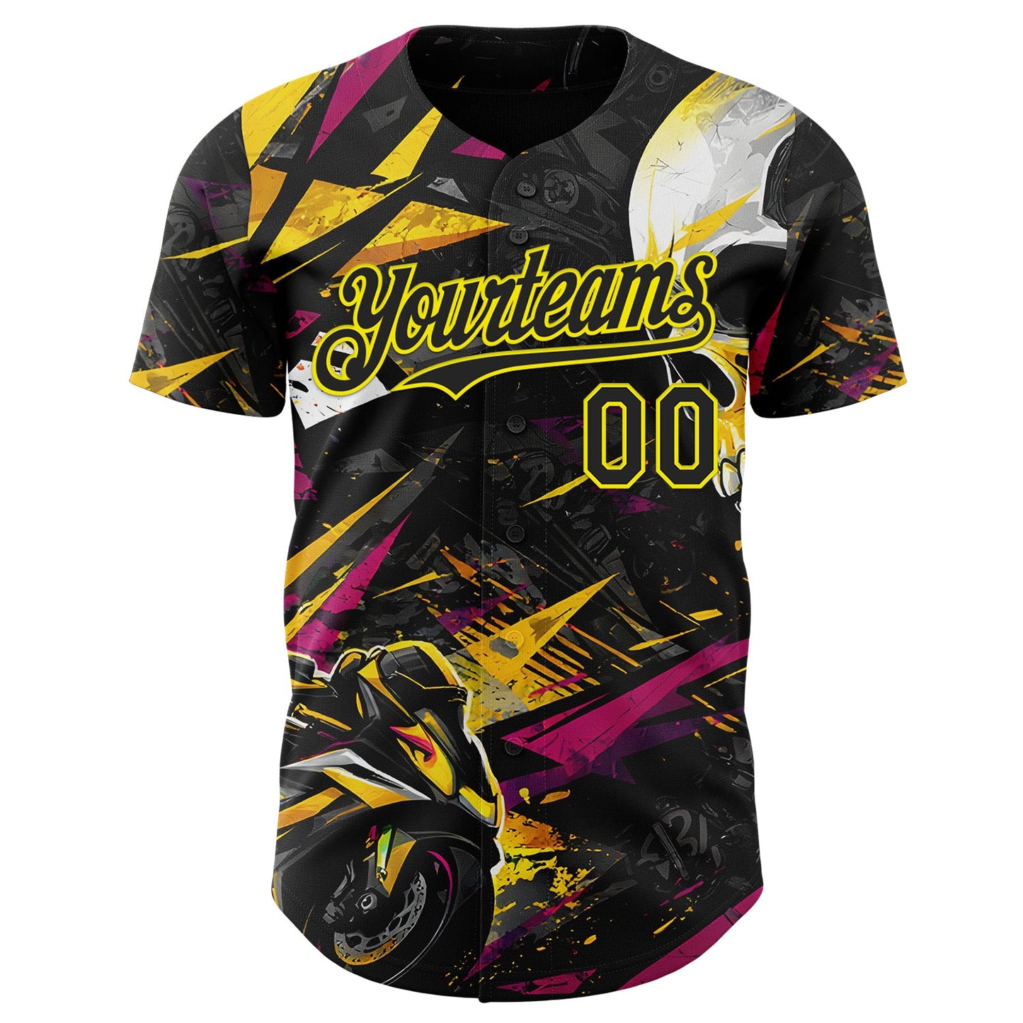Custom Black Deep Pink-Light Yellow 3D Pattern Design Motorcycle Motocross Skull Authentic Baseball Jersey view 2
