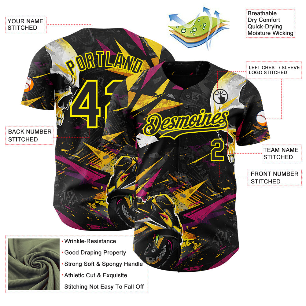 Custom Black Deep Pink-Light Yellow 3D Pattern Design Motorcycle Motocross Skull Authentic Baseball Jersey view 3