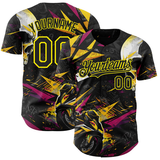 Custom Black Deep Pink-Light Yellow 3D Pattern Design Motorcycle Motocross Skull Authentic Baseball Jersey - Main View