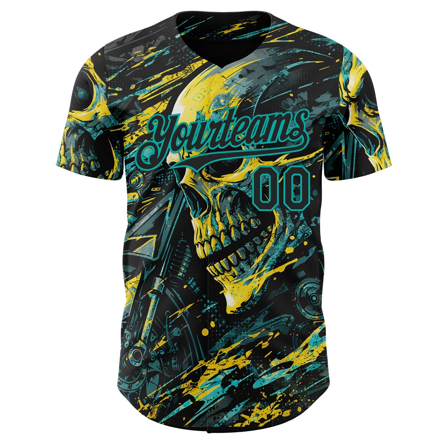 Custom Black Yellow-Aqua 3D Pattern Design Motorcycle Motocross Skull Authentic Baseball Jersey view 2