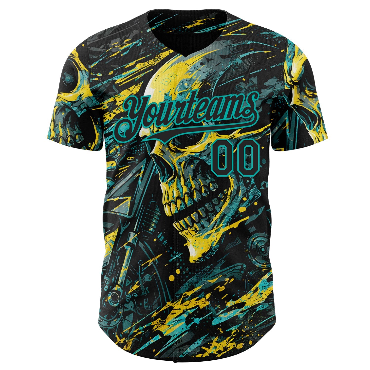 Custom Black Yellow-Aqua 3D Pattern Design Motorcycle Motocross Skull Authentic Baseball Jersey view 2