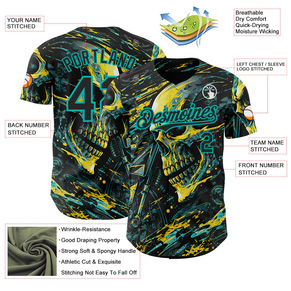 Custom Black Yellow-Aqua 3D Pattern Design Motorcycle Motocross Skull Authentic Baseball Jersey view 3