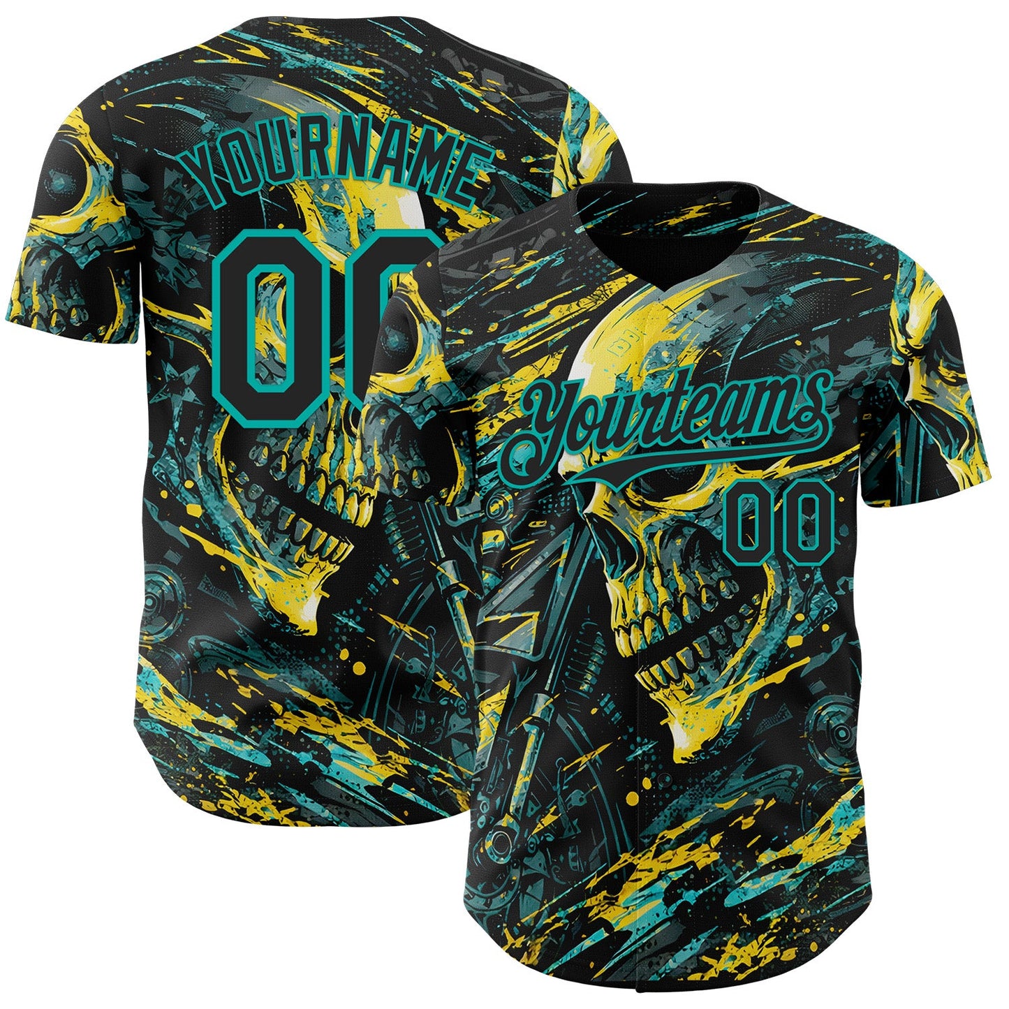 Custom Black Yellow-Aqua 3D Pattern Design Motorcycle Motocross Skull Authentic Baseball Jersey - Main View