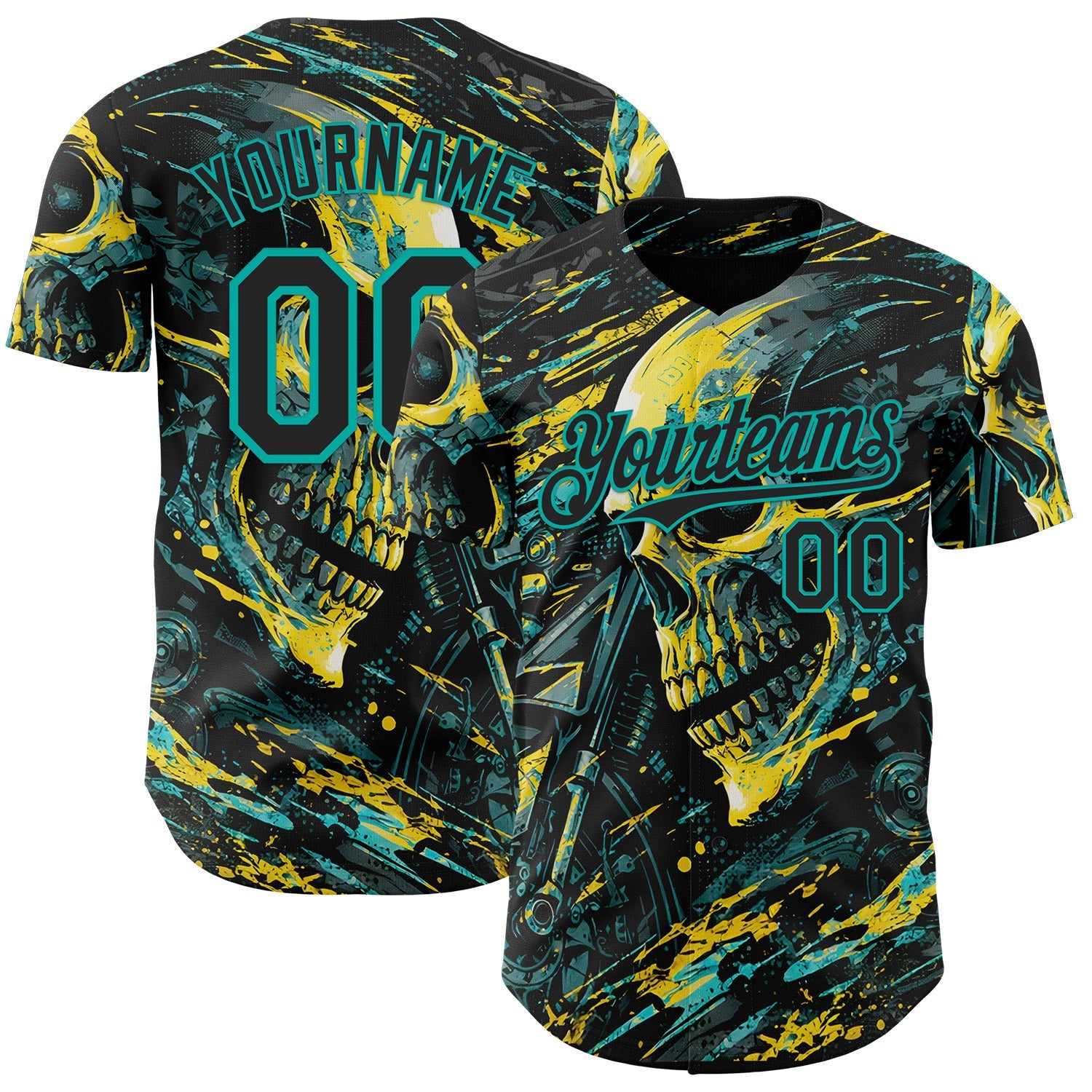 Custom Black Yellow-Aqua 3D Pattern Design Motorcycle Motocross Skull Authentic Baseball Jersey - Main View
