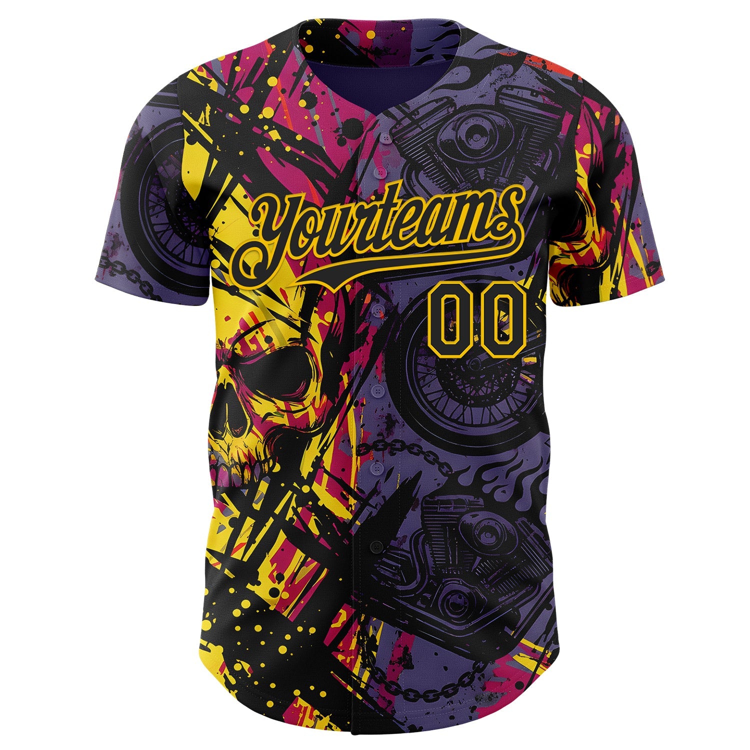Custom Purple Black Deep Pink-Yellow 3D Pattern Design Motorcycle Motocross Skull Authentic Baseball Jersey view 2