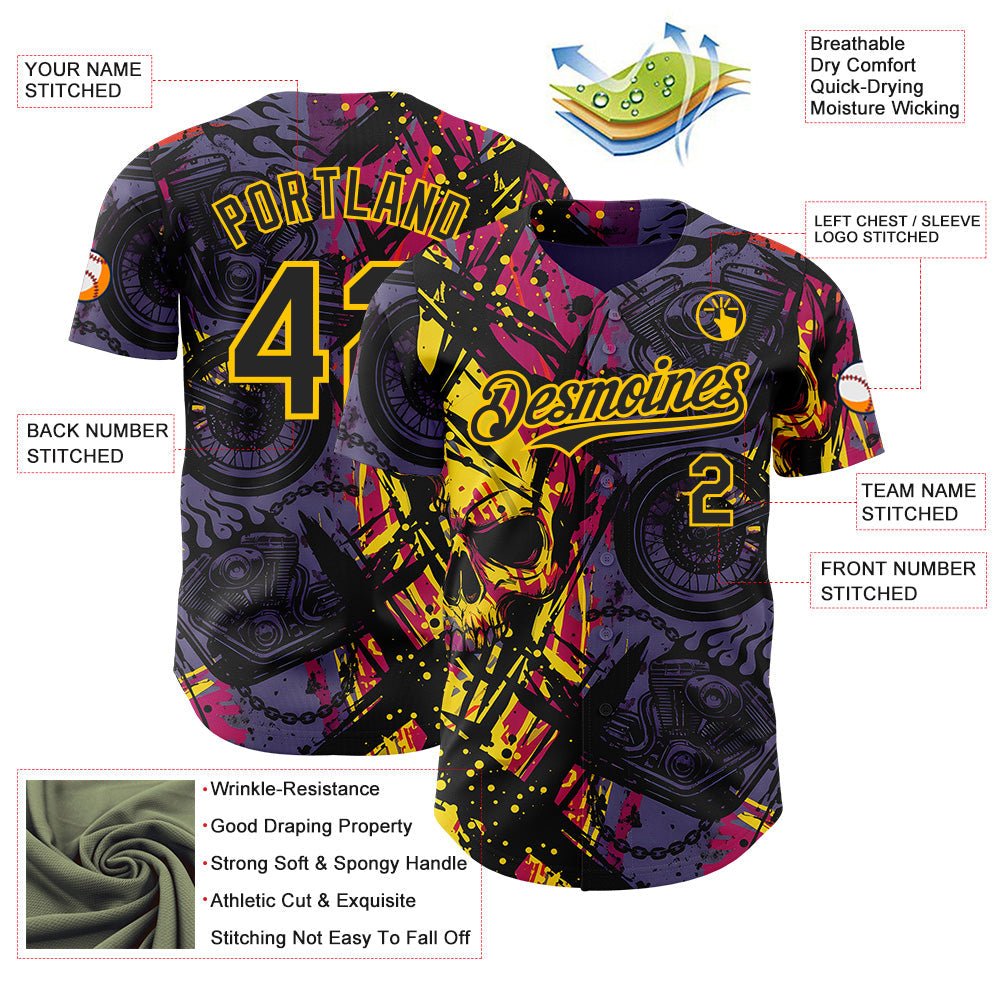 Custom Purple Black Deep Pink-Yellow 3D Pattern Design Motorcycle Motocross Skull Authentic Baseball Jersey view 3