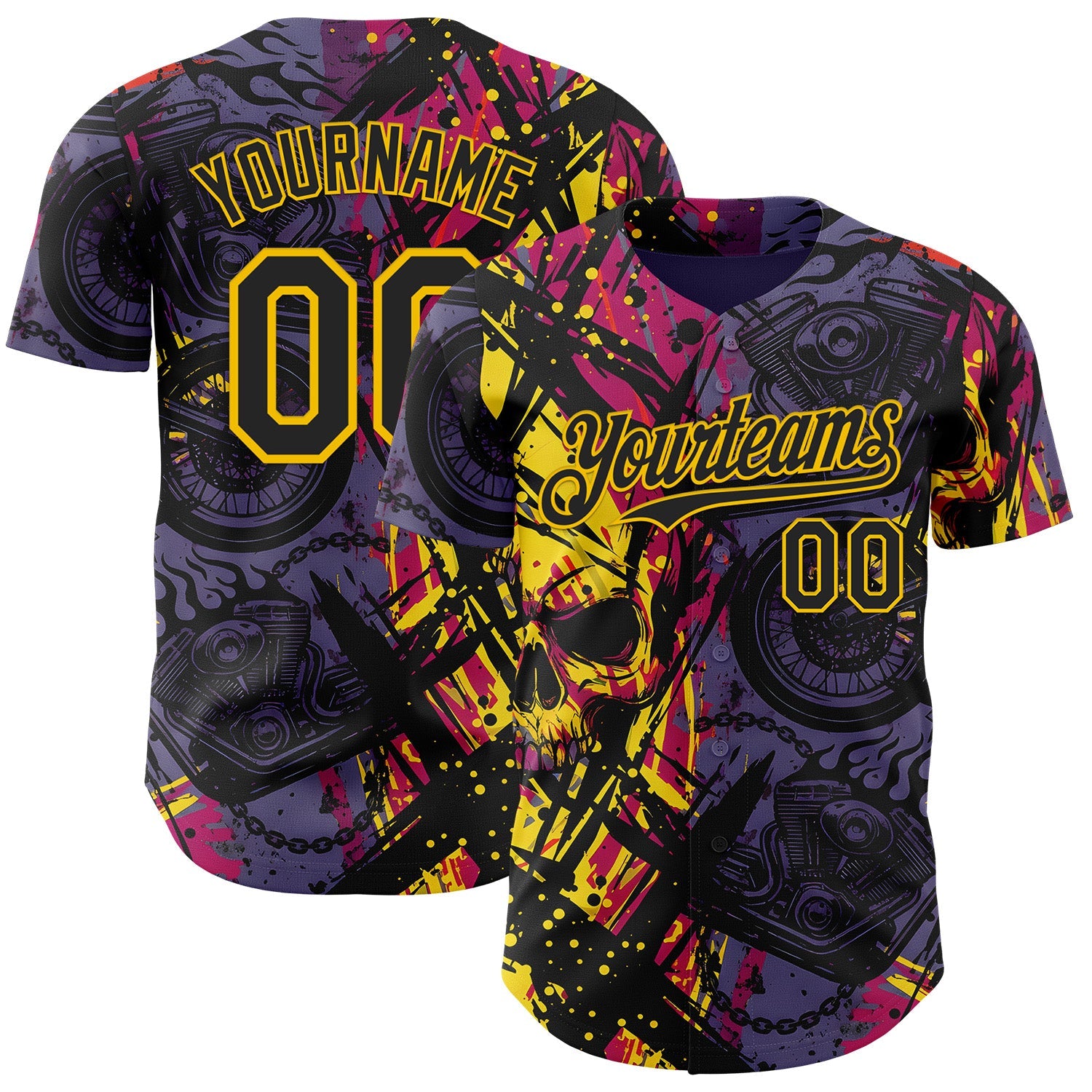 Custom Purple Black Deep Pink-Yellow 3D Pattern Design Motorcycle Motocross Skull Authentic Baseball Jersey - Main View
