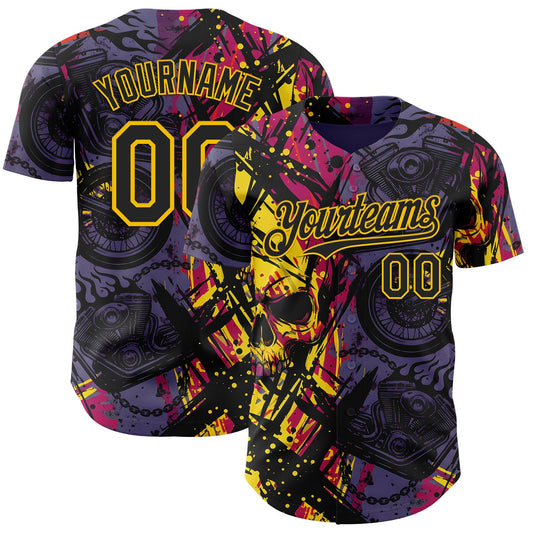 Custom Purple Black Deep Pink-Yellow 3D Pattern Design Motorcycle Motocross Skull Authentic Baseball Jersey - Main View