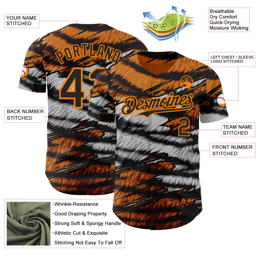 Custom Orange Black Gray-Bay Orange Tiger Stripe Scratch Authentic Baseball Jersey view 3