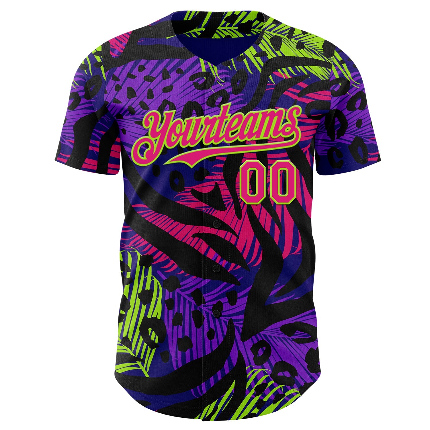 Custom Purple Hot Pink Black-Neon Green Leopard Print Tiger Stripe Leaf Authentic Baseball Jersey view 2