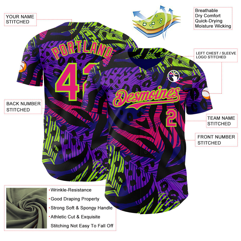 Custom Purple Hot Pink Black-Neon Green Leopard Print Tiger Stripe Leaf Authentic Baseball Jersey view 3