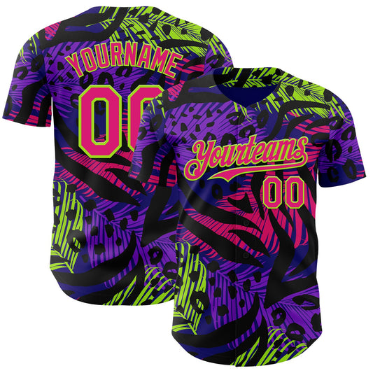 Custom Purple Hot Pink Black-Neon Green Leopard Print Tiger Stripe Leaf Authentic Baseball Jersey - Main View
