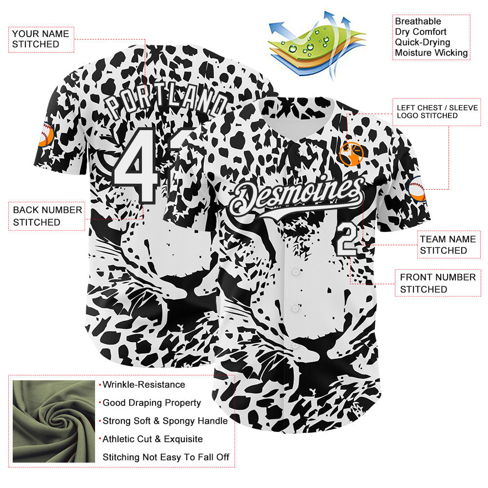 Custom White-Black Leopard Print Authentic Baseball Jersey view 3