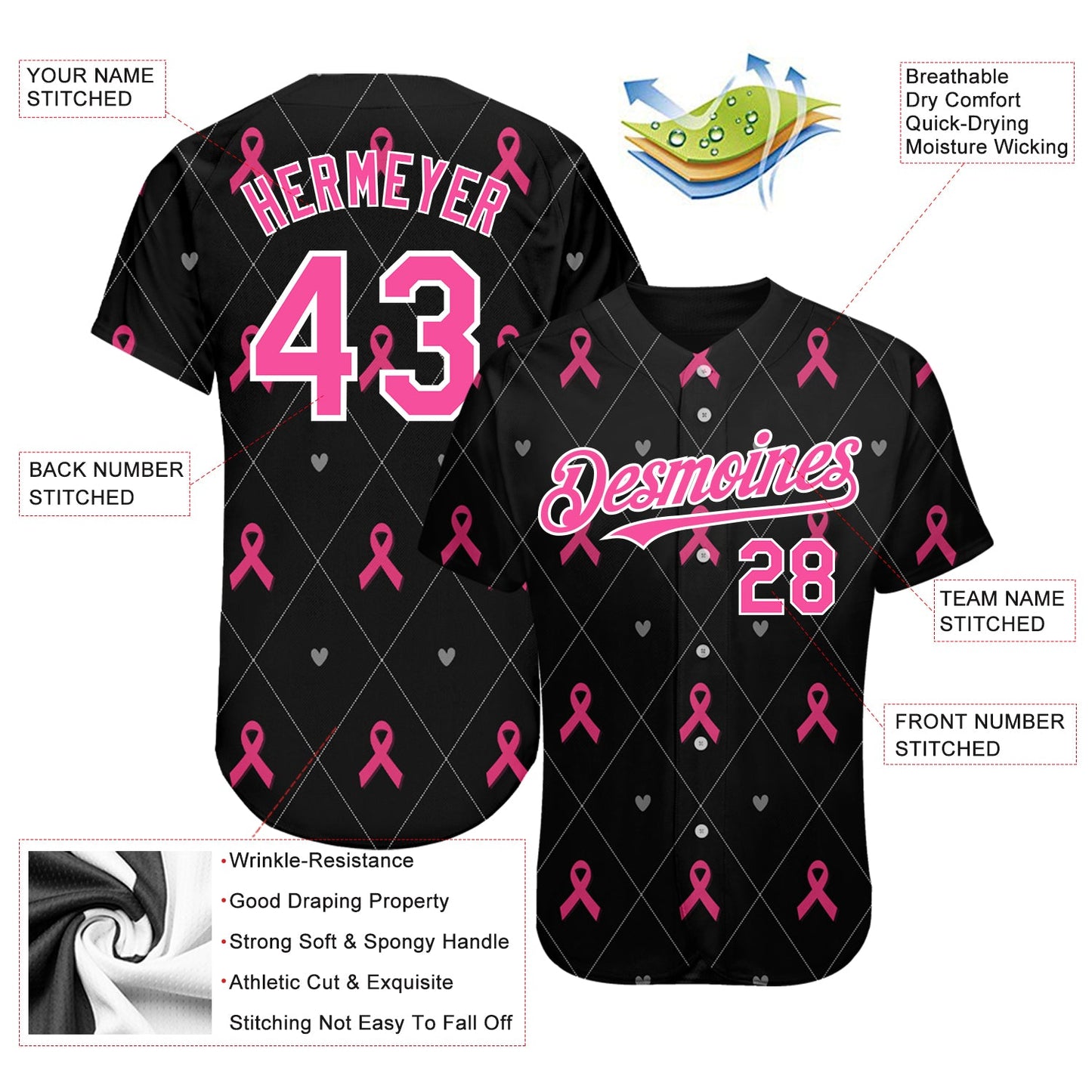 Custom Black Pink-White 3D Pink Ribbon Breast Cancer Awareness Month Women Health Care Support Authentic Baseball Jersey view 3