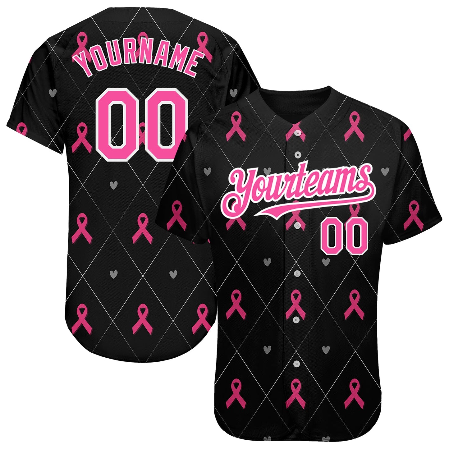 Custom Black Pink-White 3D Pink Ribbon Breast Cancer Awareness Month Women Health Care Support Authentic Baseball Jersey - Main View
