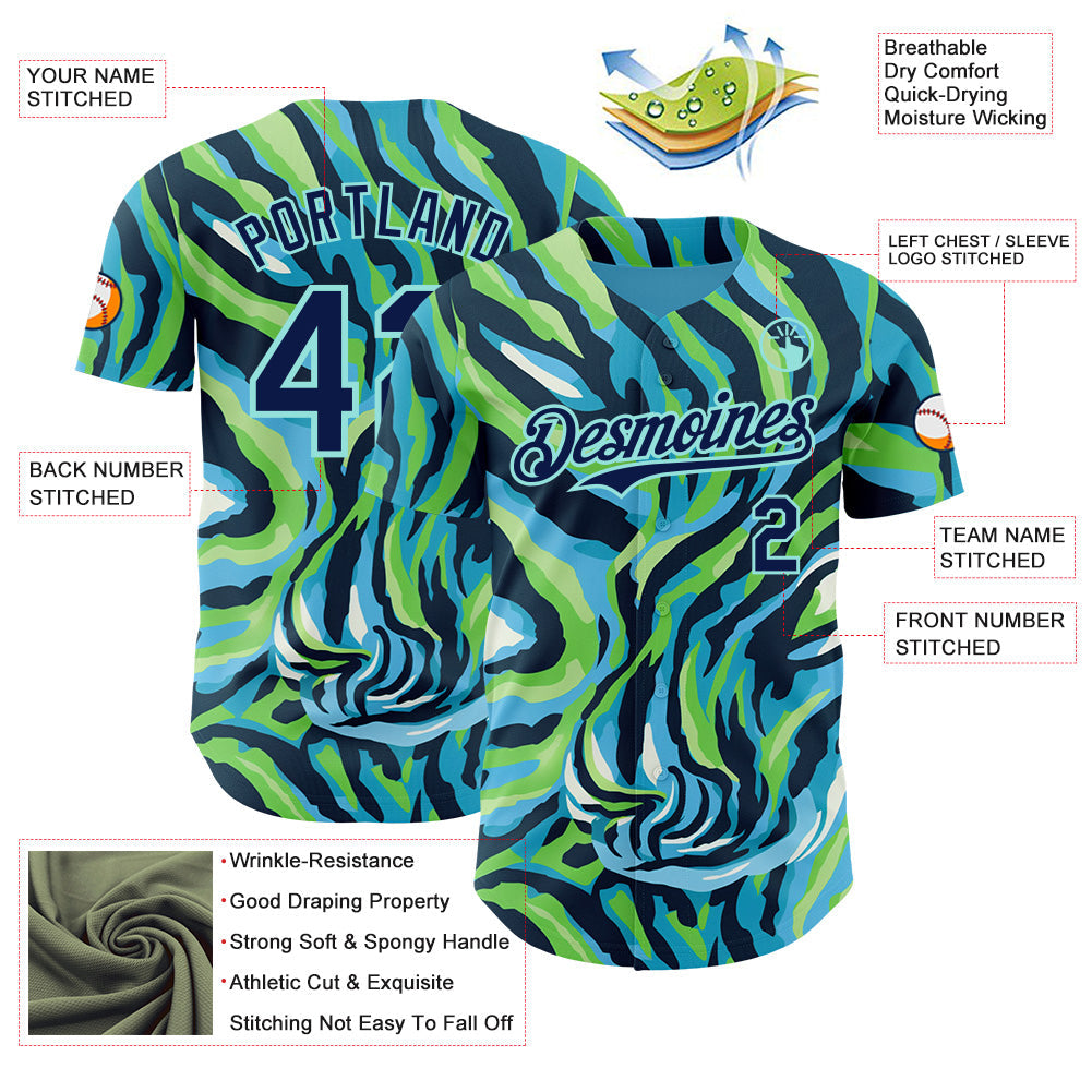 Custom Blue Navy Green-Ice Blue Zebra Stripe Authentic Baseball Jersey view 3