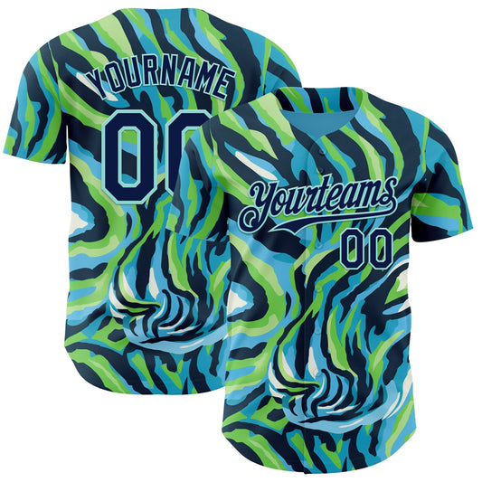 Custom Blue Navy Green-Ice Blue Zebra Stripe Authentic Baseball Jersey - Main View