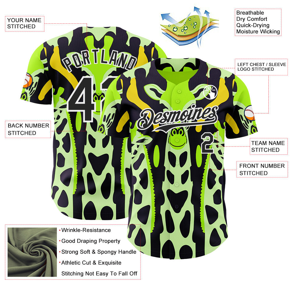 Custom Green Black Yellow-White Giraffe Print Authentic Baseball Jersey view 3