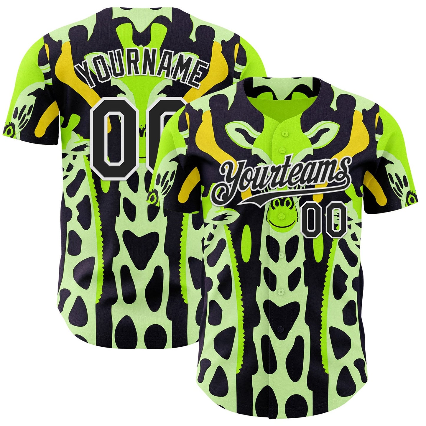 Custom Green Black Yellow-White Giraffe Print Authentic Baseball Jersey - Main View