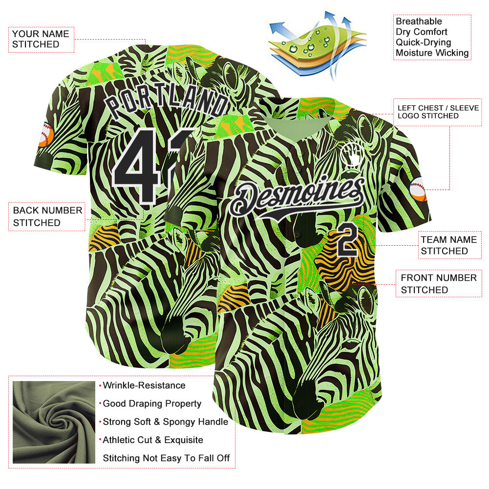 Custom Green Black-White Zebra Stripe Print Authentic Baseball Jersey view 3