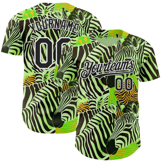 Custom Green Black-White Zebra Stripe Print Authentic Baseball Jersey - Main View