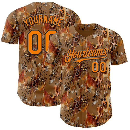 Custom Brown Bay Orange-Black Leopard Print Authentic Baseball Jersey - Main View