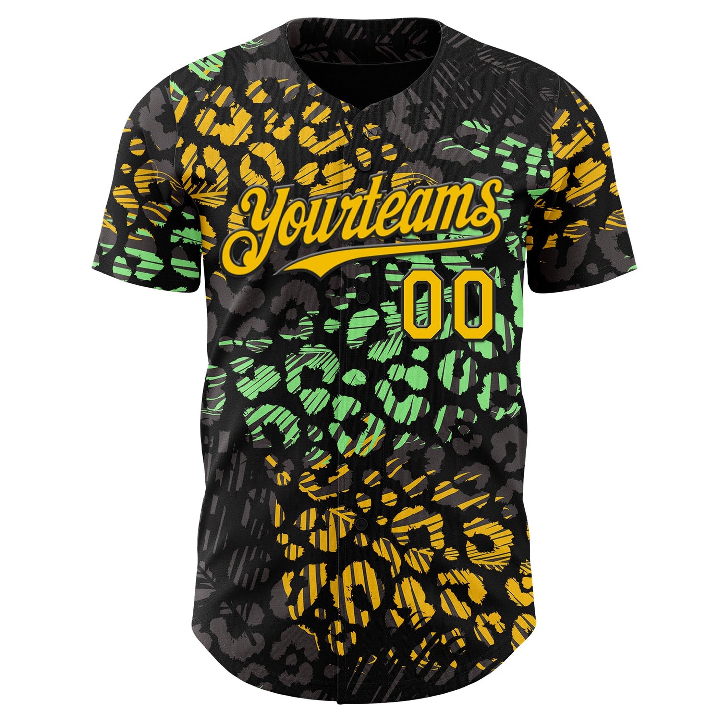 Custom Black Yellow-Green Leopard Print Authentic Baseball Jersey view 2