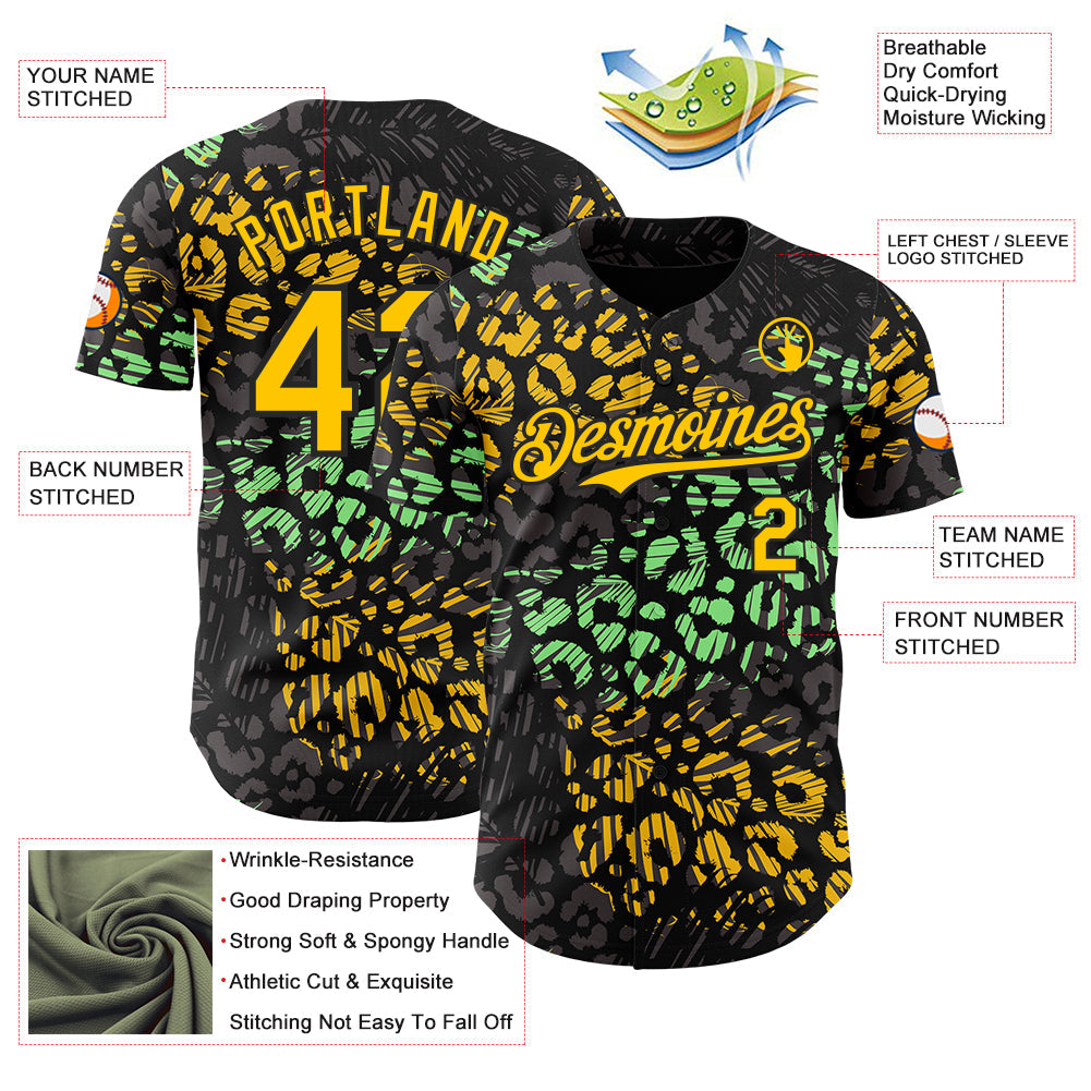 Custom Black Yellow-Green Leopard Print Authentic Baseball Jersey view 3