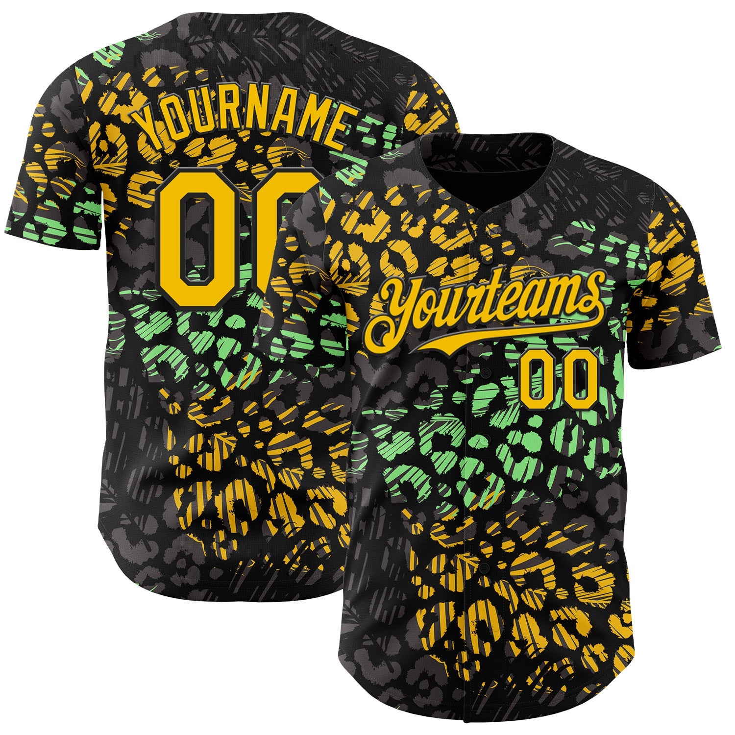 Custom Black Yellow-Green Leopard Print Authentic Baseball Jersey - Main View