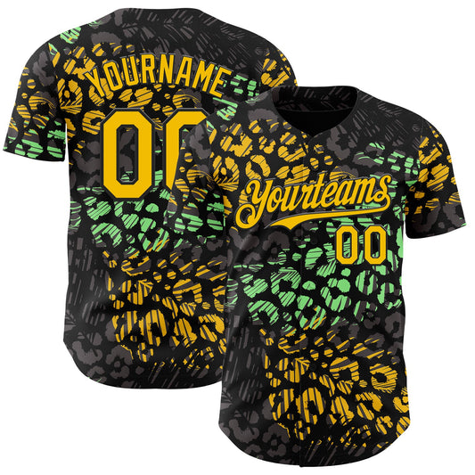 Custom Black Yellow-Green Leopard Print Authentic Baseball Jersey - Main View