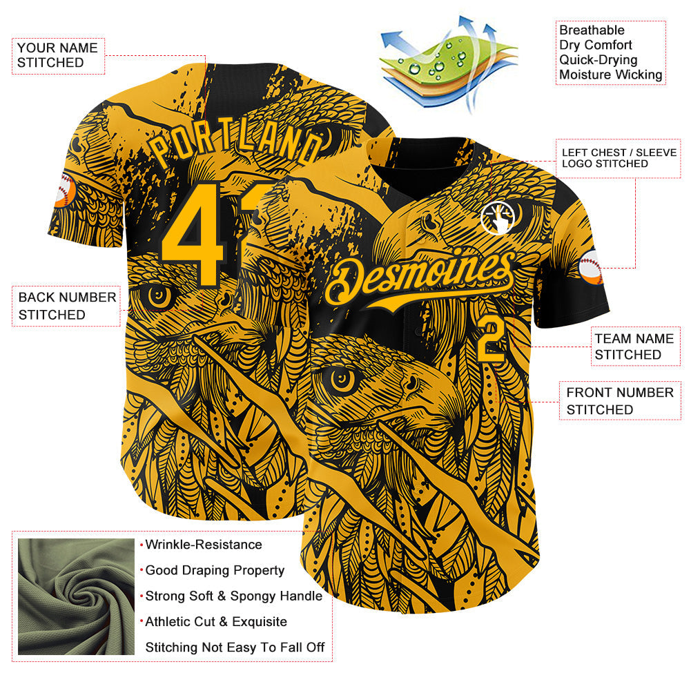 Custom Black-Gold Animal Eagle Authentic Baseball Jersey view 3