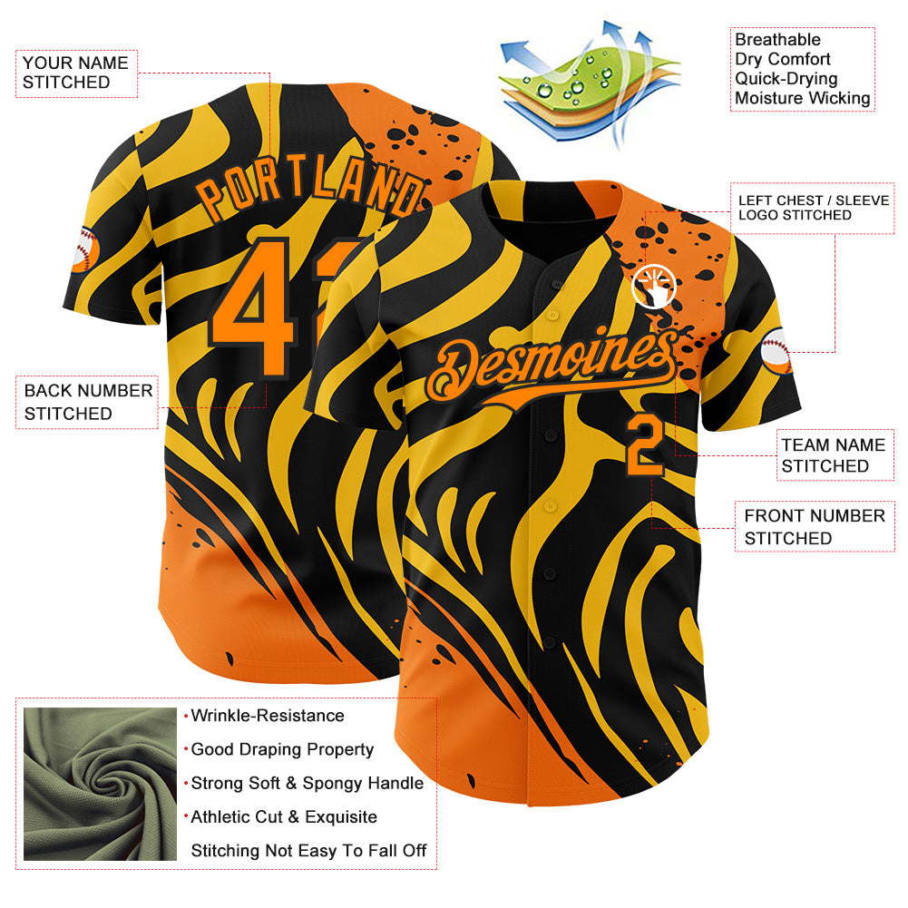 Custom Black Bay Orange-Yellow Leopard Print Tiger Stripe Authentic Baseball Jersey view 3