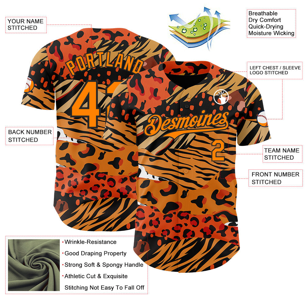Custom Black Bay Orange-Yellow Leopard Print Tiger Stripe Authentic Baseball Jersey view 3