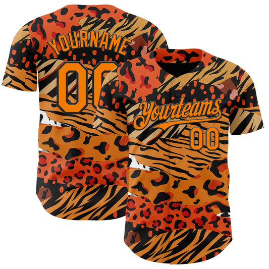 Custom Black Bay Orange-Yellow Leopard Print Tiger Stripe Authentic Baseball Jersey - Main View