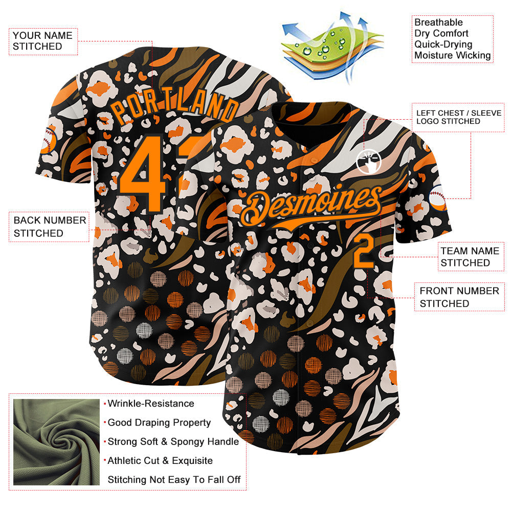 Custom Black Bay Orange-White Leopard Print Tiger Stripe Authentic Baseball Jersey view 3