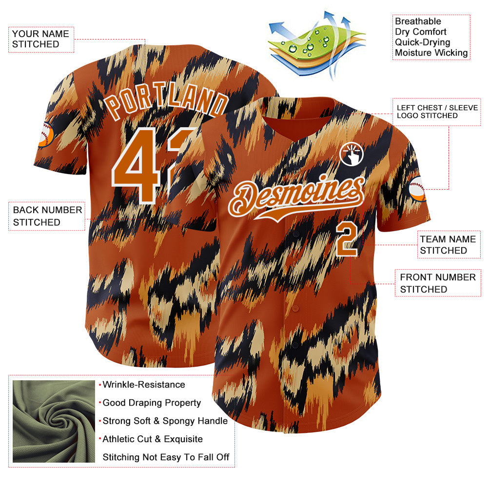 Custom Texas Orange Black-White Leopard Print Authentic Baseball Jersey view 3