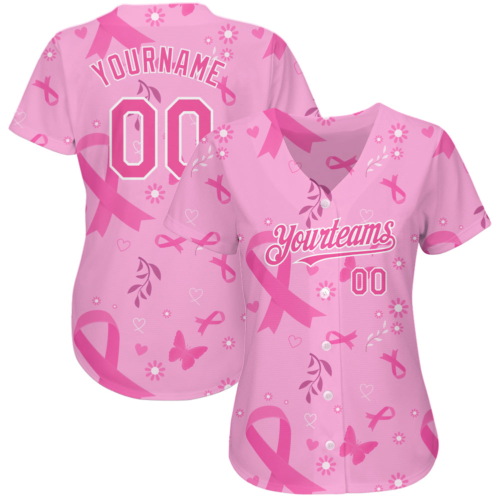 Custom Pink White 3D Pink Ribbon Breast Cancer Awareness Month Women Health Care Support Authentic Baseball Jersey view 2