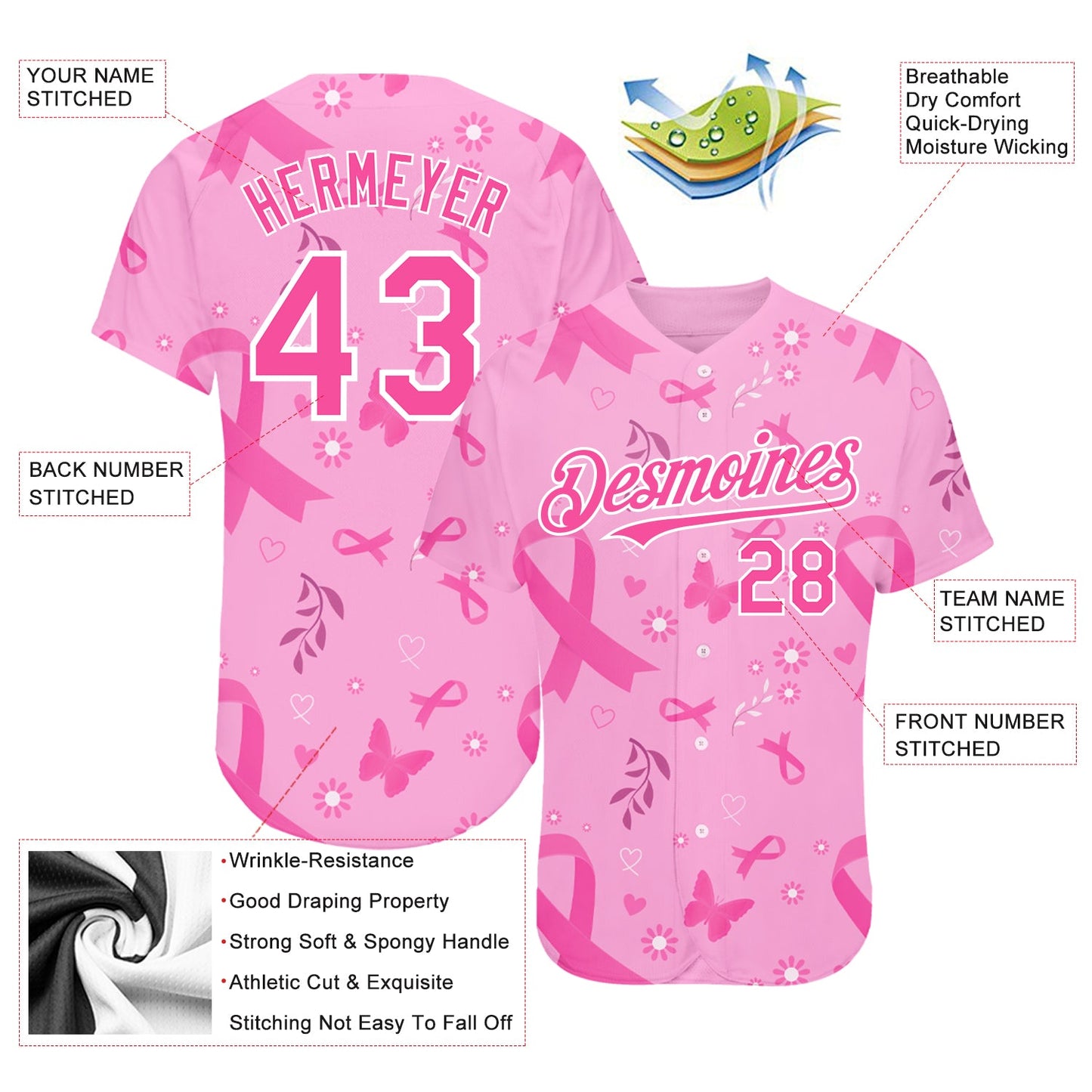 Custom Pink White 3D Pink Ribbon Breast Cancer Awareness Month Women Health Care Support Authentic Baseball Jersey view 3