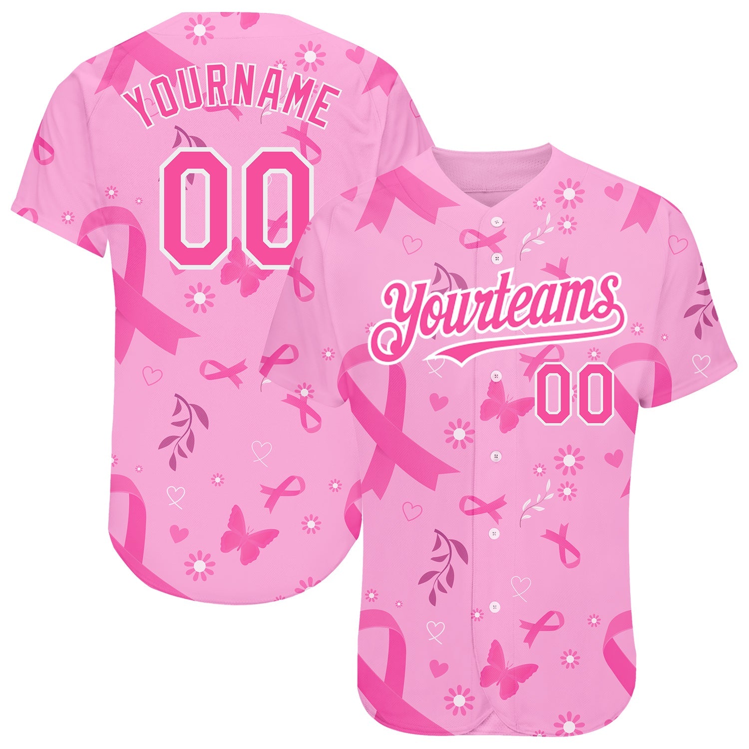 Custom Pink White 3D Pink Ribbon Breast Cancer Awareness Month Women Health Care Support Authentic Baseball Jersey - Main View